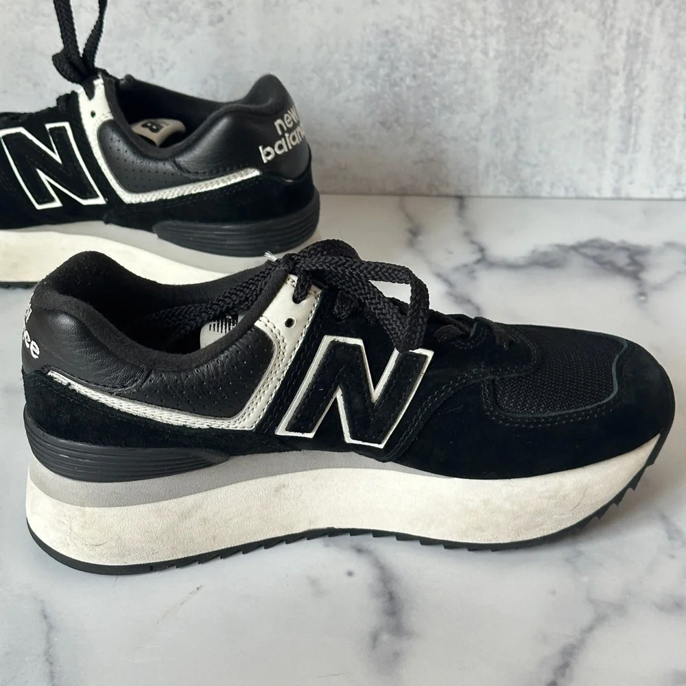 New Balance 574 Black and White Platform Sneakers - Picture 8 of 10